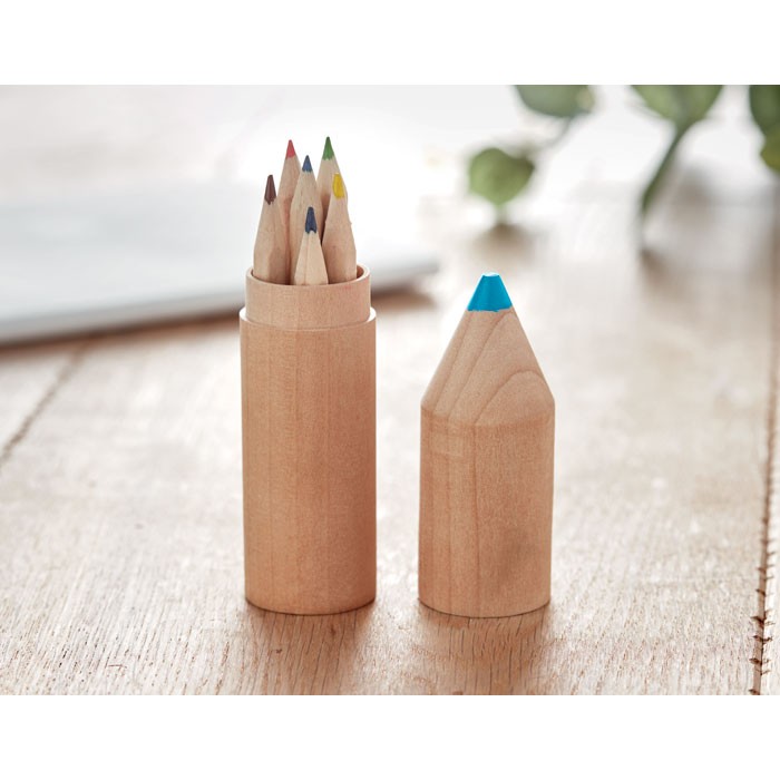 6 CRAYONS BOIS DANS UN ETUI BOIS PETIT COLORET
